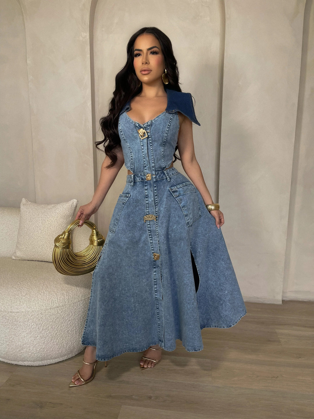 Denim side cut out midi dress