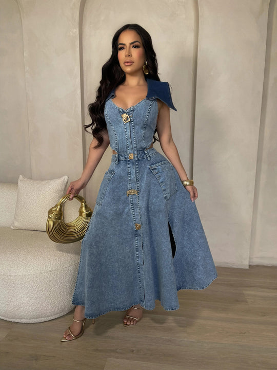 Denim side cut out midi dress