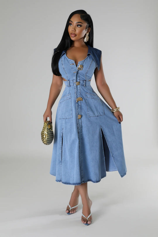 Denim side cut out midi dress