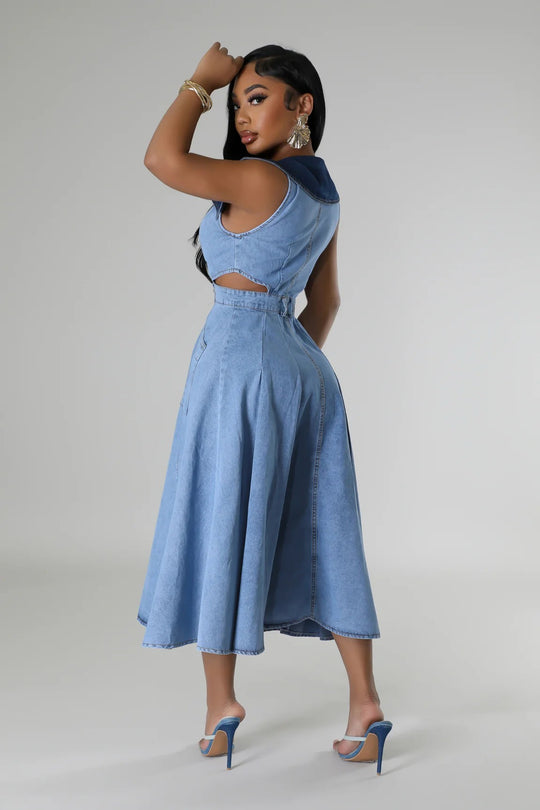 Denim side cut out midi dress