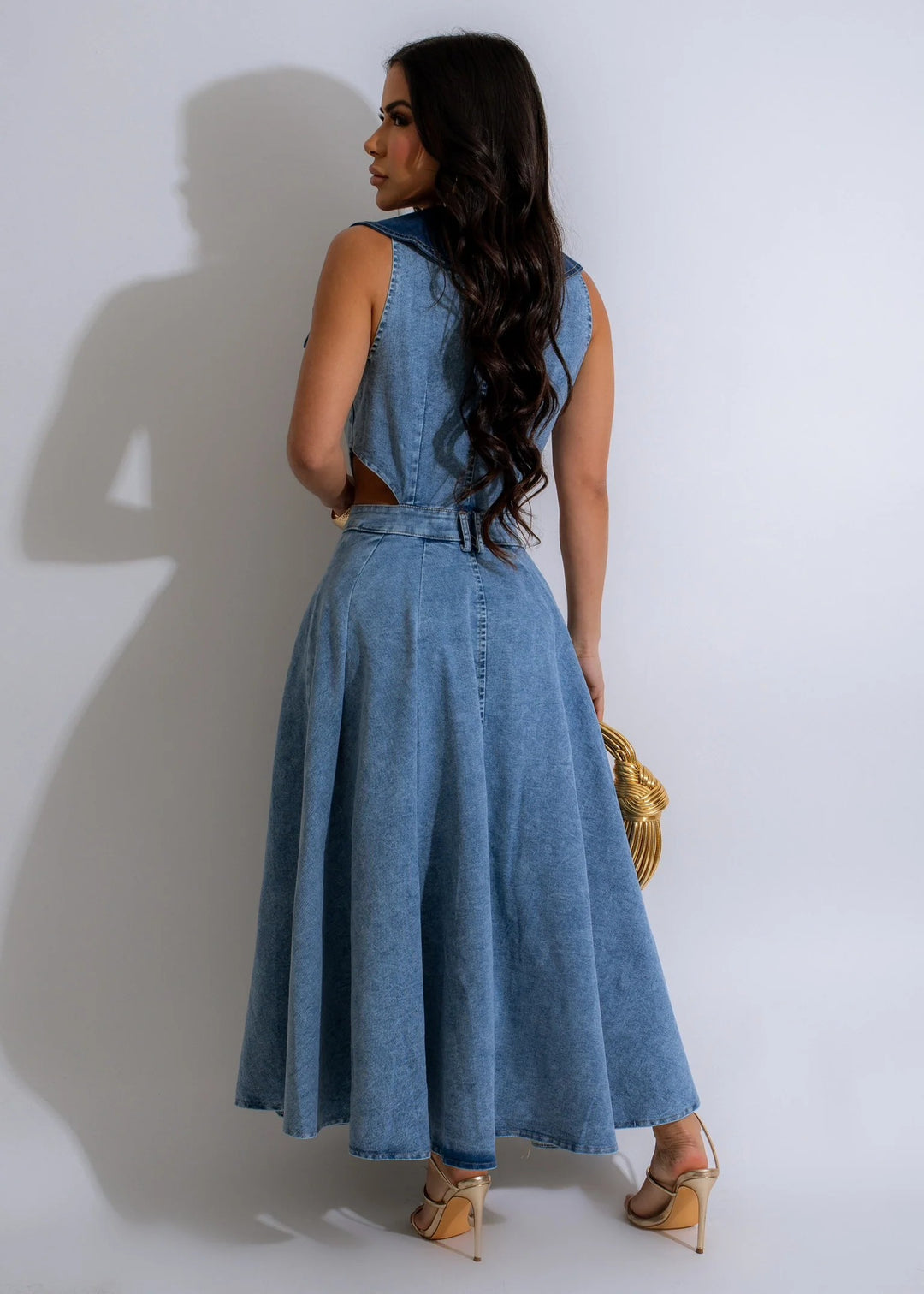 Denim side cut out midi dress