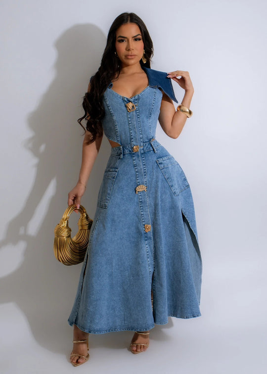 Denim side cut out midi dress