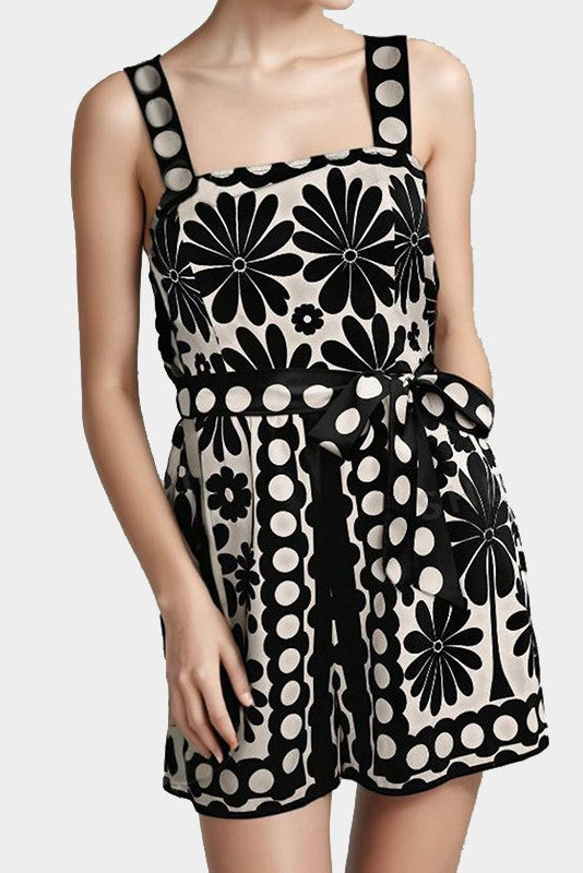 Printed sleeveless tie waist romper