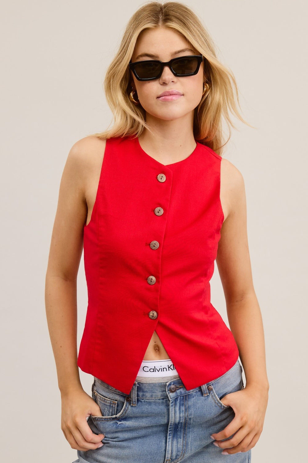 Red linen vest