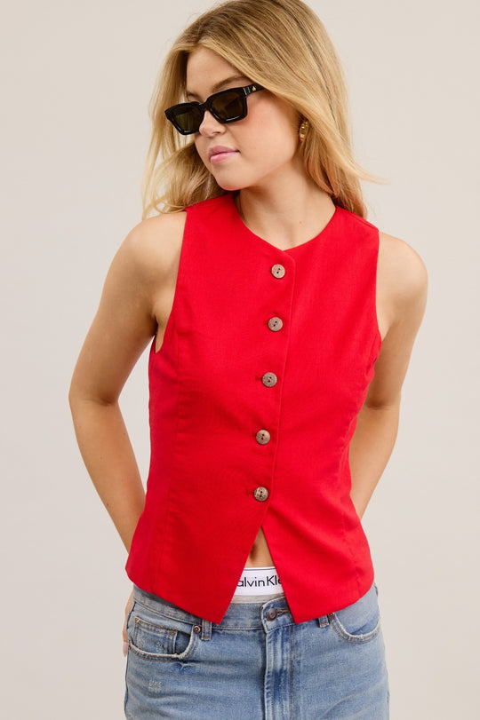 Red linen vest