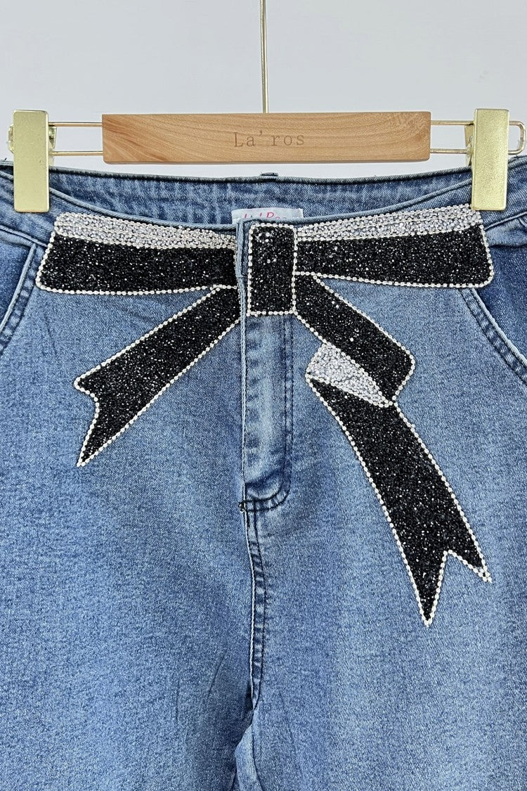 Bow rhinestones jeans